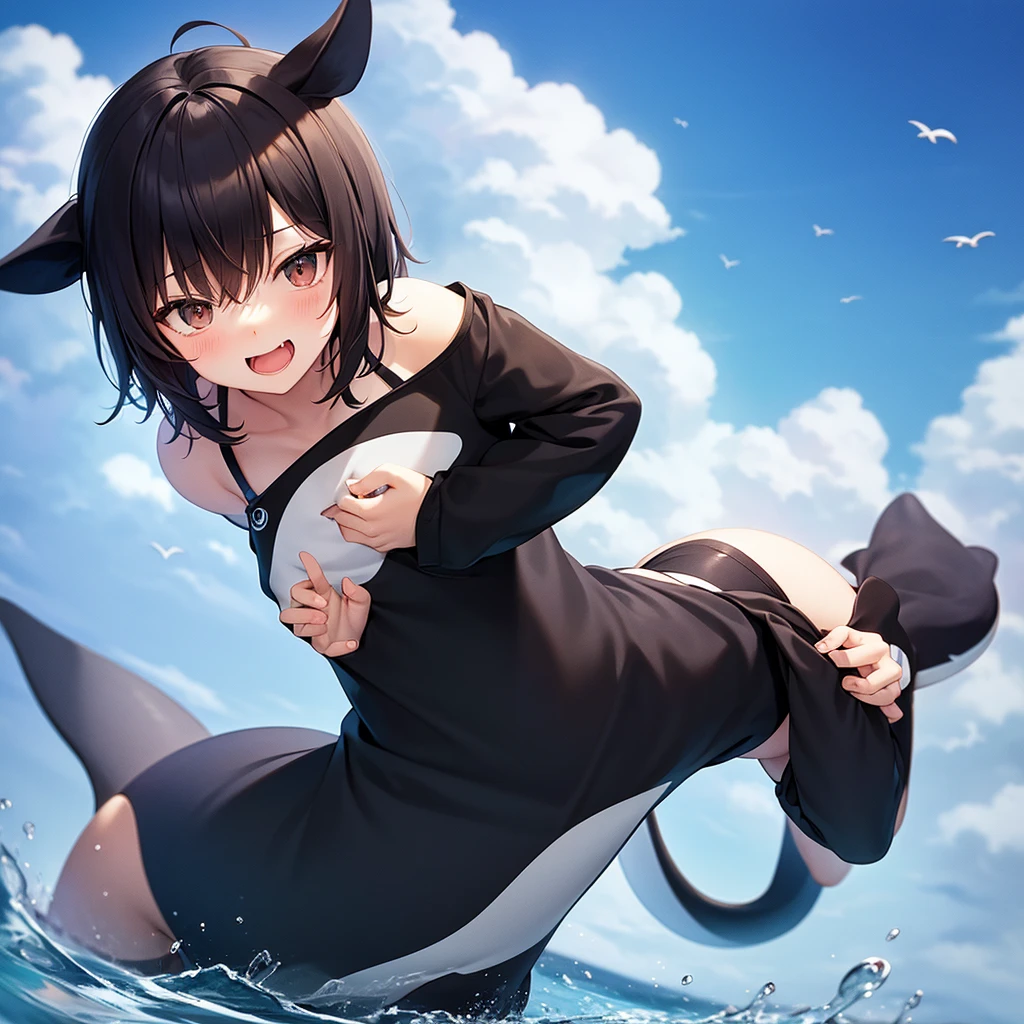 oking at viewer, blush, smile, open mouth, standing, tail, swimsuit, small breasts, outdoors, sky, day, shiny, cloud, water, black eyes, shiny hair, blue sky, wet, one-piece swimsuit, shiny skin, pokemon (creature), :3, colored skin, ocean, happy, school swimsuit, outstretched arms, furry, wading, partially submerged, colored sclera, shiny clothes, blue one-piece swimsuit, blue skin, furry female, black one-piece swimsuit, black sclera, head fins, straight-on, fins, clothed pokemon, furrification　butt_jiggle　BIG BUTT