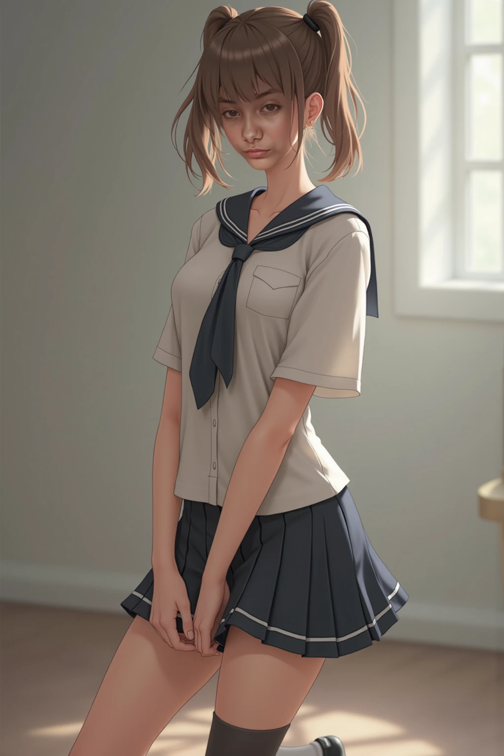 Beautiful), (young), (skinny), (16yo), (brown and blonde hair), (tanned skin), (teen girl), (high ponytail), (school corridor), (short dark blue pleated skirt), (bare breasts), (topless), (walking), (cute), (sad)