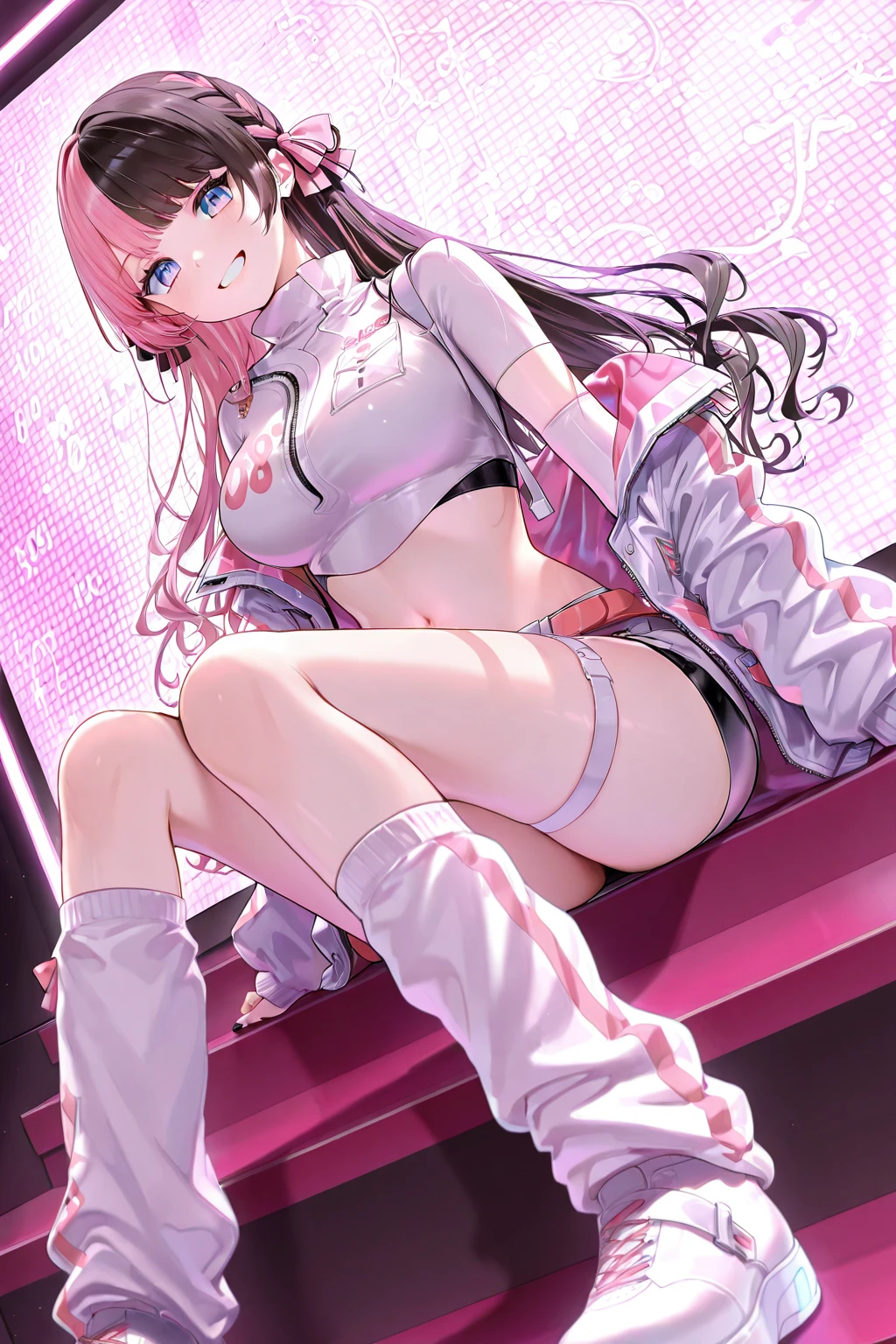 sharp focus, detailed outfit, key visual,1girl, ((sharp focus)), (depth of field), cinematic lighting, vibrant colors, AI art dance night generated for keywords masterpiece:1.5, best quality:1.5, absurdres), ultra-detailed, perfect anatomy, (hand reference anatomy:1), correct anatomy, realistic, ((detailed face)),beautiful sexy woman, extremely long braided hair, detailed hair, sparkling eyes, eyelashes, blushing, freckles, glossy lips, parted lips, small breasts, perky breasts, perfect hips, perfect thighs, white shirt, long sleeves, puffy sleeves, collarbone, cleavage, black corset, blue skirt, (short skirt:1.4), black flats, (sitting on ground facing viewer:1.6), (knees apart feet together:1.6), long shot, fisheye perspective, focus on face, Flashy colors, (minimal background:1.2), (upskirt:1.5), Strong color palette, Jukujo, digital painting, detailed iris, artstation, manga art, soft light, (glow) fresh and lively vibe, ultra detail, vibrant colors, girl, masterpiece, sharp focus, best quality, depth of field, cinematic lighting, correct anatomy,