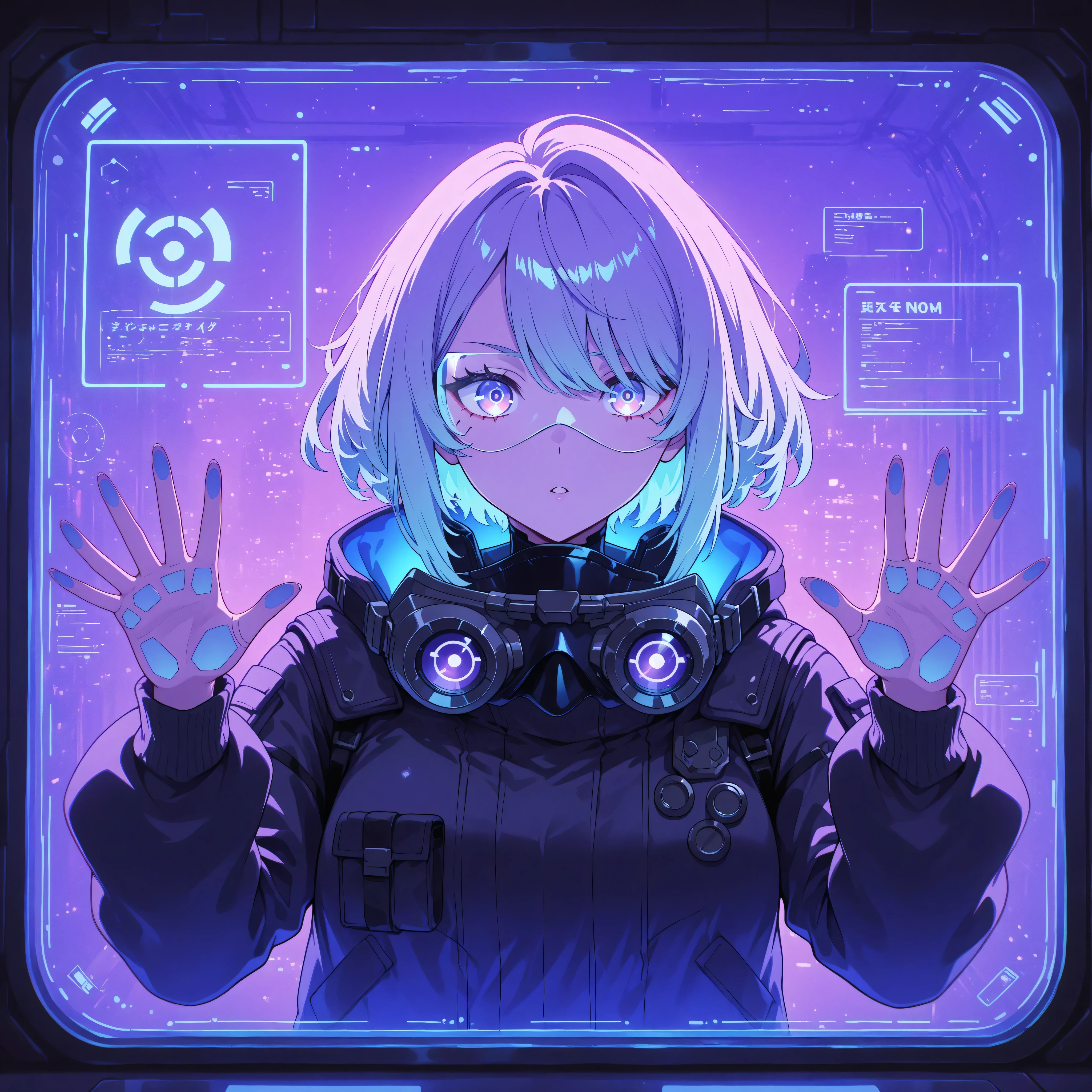 (Illustration), Bust-up composition of a Japanese girl wearing a large futuristic snow goggle-shaped digital interface, glowing HUD and digital data displayed on the glass surface of the goggles, reflective lenses with UI overlay, dark and narrow sci-fi room filled with digital devices, soft blue and purple ambient lighting, cyberpunk atmosphere, focus on details of goggles and digital interface, clean lines, high resolution