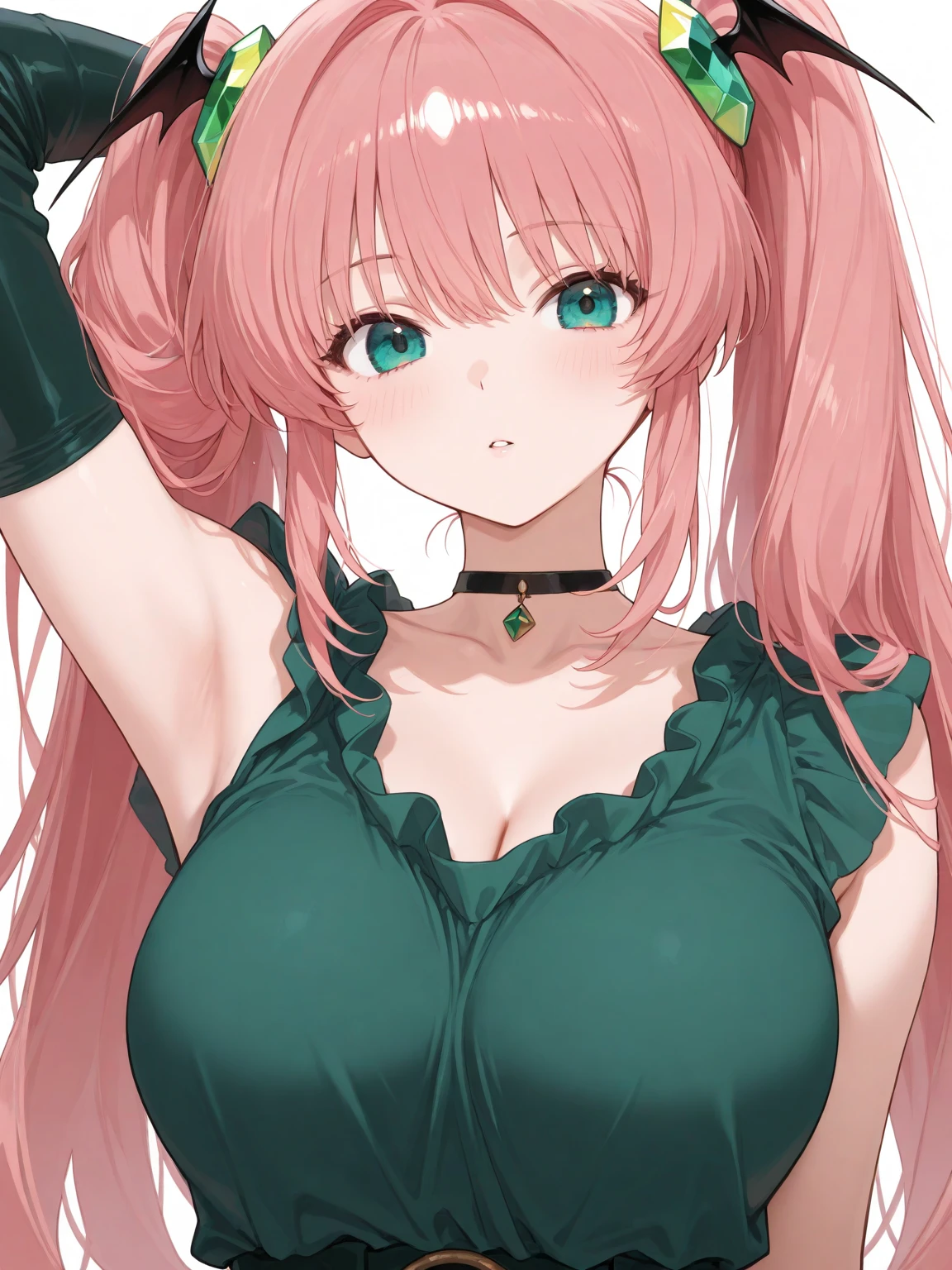 Convert your flower art into illustration.、Create backgrounds with vibrant colors and unique touches　The type of flower is statice、Gypsophila、sweet pea、Mix in some lace flowers, big breasts, cleavage, pink hair, green eyes, ((green highlights)), (green braids), standing, contrapposto, sexy pose, thick thighs, thigh highs, lingerie, arms resting behind, ulzzang, big green sparkling eyes like gemstones,

