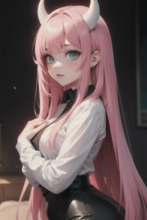 Photograph of the upper body of a beautiful woman, , [see through] ,(School uniform:1.47), (big breasts), (small waist, perfect body), Sharp focus, (tall body, mature woman), ((Looking ahead)), (Highly detailed skin, hair follicles:1.4,) (pink long hair,green eyes) , (Bright face)