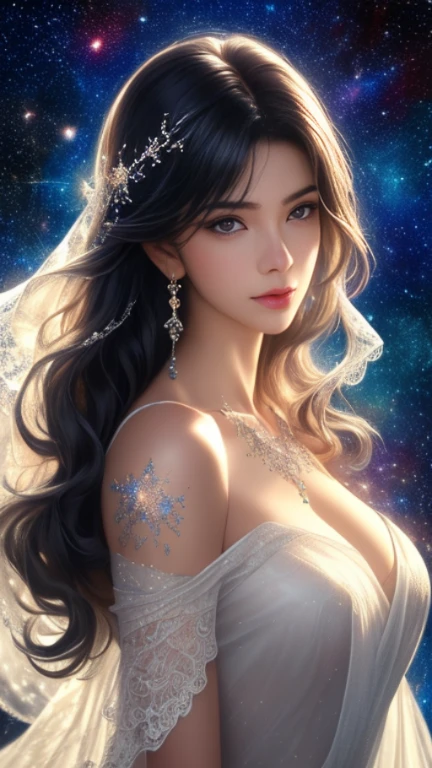 1girl,moyou,realistic,masterpiece,best quality,lucency full dress,hair ornament,bracelet,necklace,jewelry,sapphire brooch,stud earrings,bangle,lace trim,universe,Block the chest,