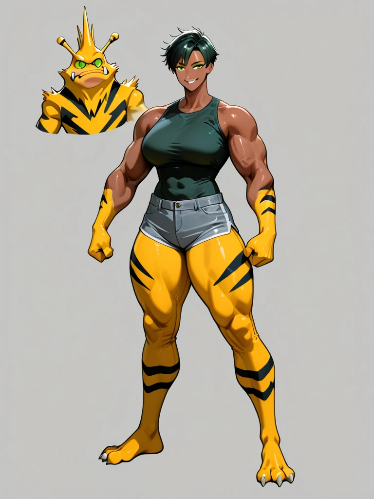 female blonde in yellow bikini with tiger stripes on it, abs, full body, tanned skin, high heels, tiger tail