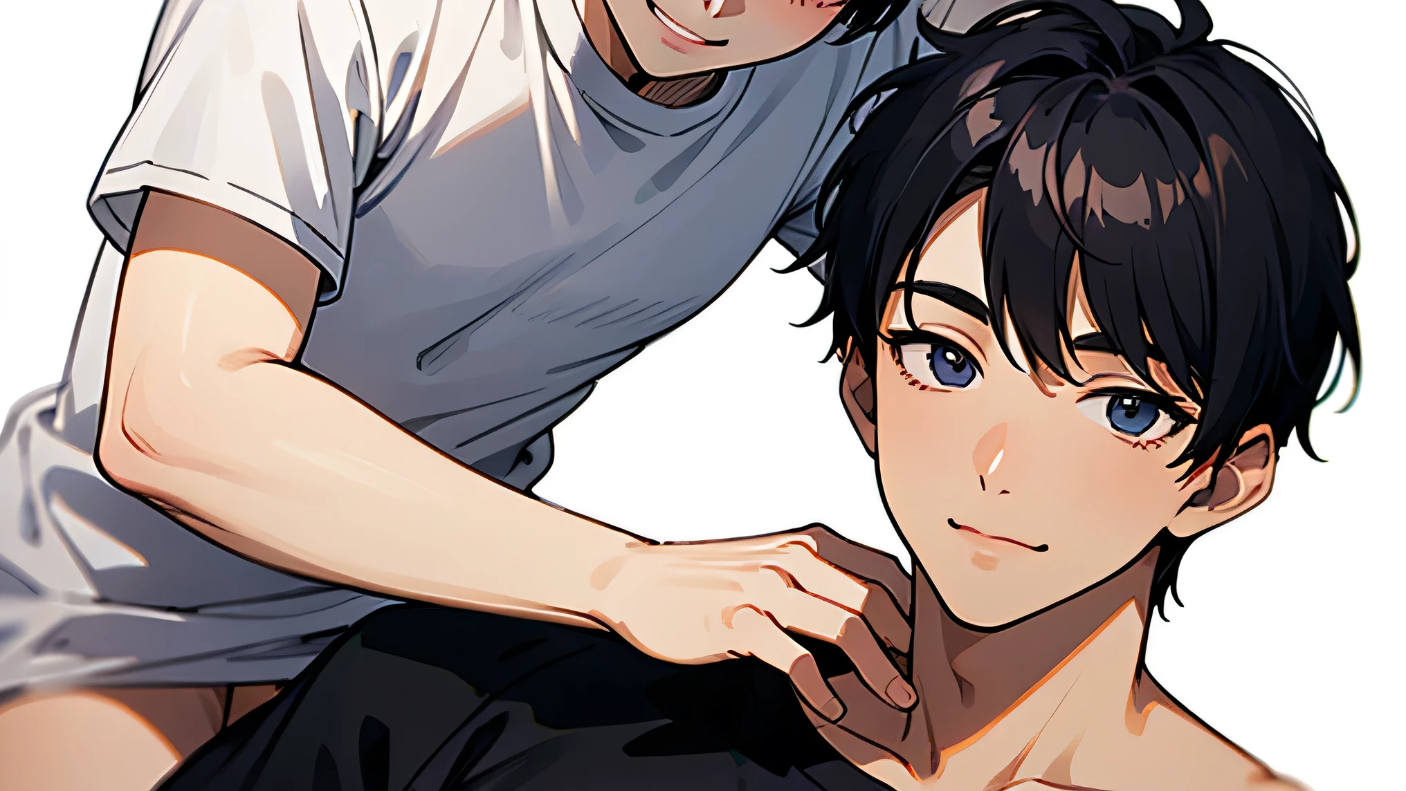 male Draw an adult handsome very short black hair Relax on a white bed and massage no white gradient background male to male smiling Face Down Two men looking at the camera white t-shirt Shirtless