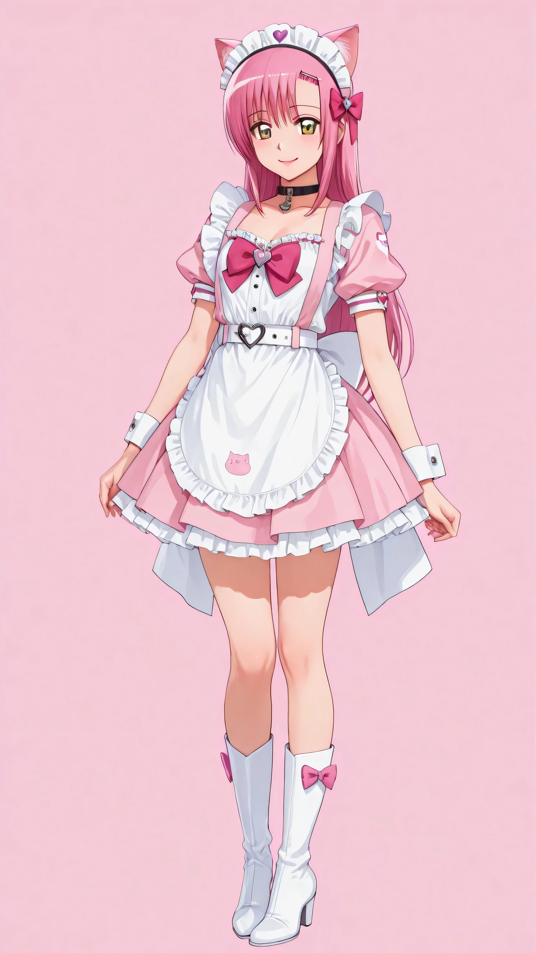 pink dress, apron, white apron, frills, hair bow, pink bow, maid apron, maid headdress, heart hair ornament, choker, chest bow, pink bow, wrist cuffs, cat print, belt, back bow, cat ears, maid headdress , pink cat ears, hinagiku katsura, pink long hair, yellow eyes, cute smile, red lipstick, full body, standing up, pink background, masterpiece, pink 8 inch high heel boots