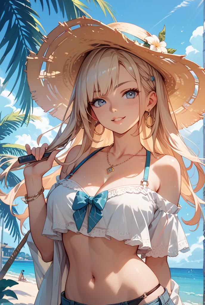 Striped Micro Bikini、（Brown skin）、（Blonde Shorthair）、（Wearing a straw hat）、年轻、Cute、a beauty girl、Perfect Style、Colossal tits、Emphasizes cleavage、A slight smil、８ｋ、ighly detailed、top-quality、Top image quality、超A high resolution、​masterpiece、one girls、