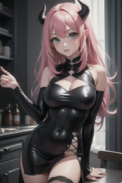 (8K, top-quality, masterpiece:1.2), (super detail), (one girl), (highly detailed), (beautifully detailed eyes), (of the highest quality), (super detailed), (masterpiece), (detailed face), (20yr old), (1 girl), (pink hair, long hair), (large breasts), (partially clothed), (perfect lighting), BREAK, (upper body to knees), (wavy pink long hair), (relaxed smile), (sitting pose, one knee hugged), (soft bedroom background), (soft lighting, natural light from window), BREAK, (pink glossy catsuit:1.5), (futuristic:1.2), (active silhouette:1.3), (glossy stretch fabric:1.4), (mesh bodysuit:1.3), (thigh high stockings:1.3), (exposed skin :1.3), (decorative cutouts:1.2), (sapphire blue belt:1.4), (high-heeled boots:1.3), (geometric earrings:1.2), (armband:1.2), BREAK