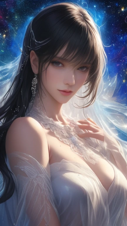 diva, fantasma, surreal, cabelos branco-azuis, dreamscape, orquestrando, sinfonia do sono, twilight dress, flutuando entre sonhos, noite profunda, subconscious lullaby, dream orchestration scene,Neck strap,unidade, Uma mulher no universo, floating woman in space, deusa, mulher poderosa, mulher de vestido, luzes cintilante ao redor da mulher, luzes cintilante ao redor da mulher, mulher de vestido
