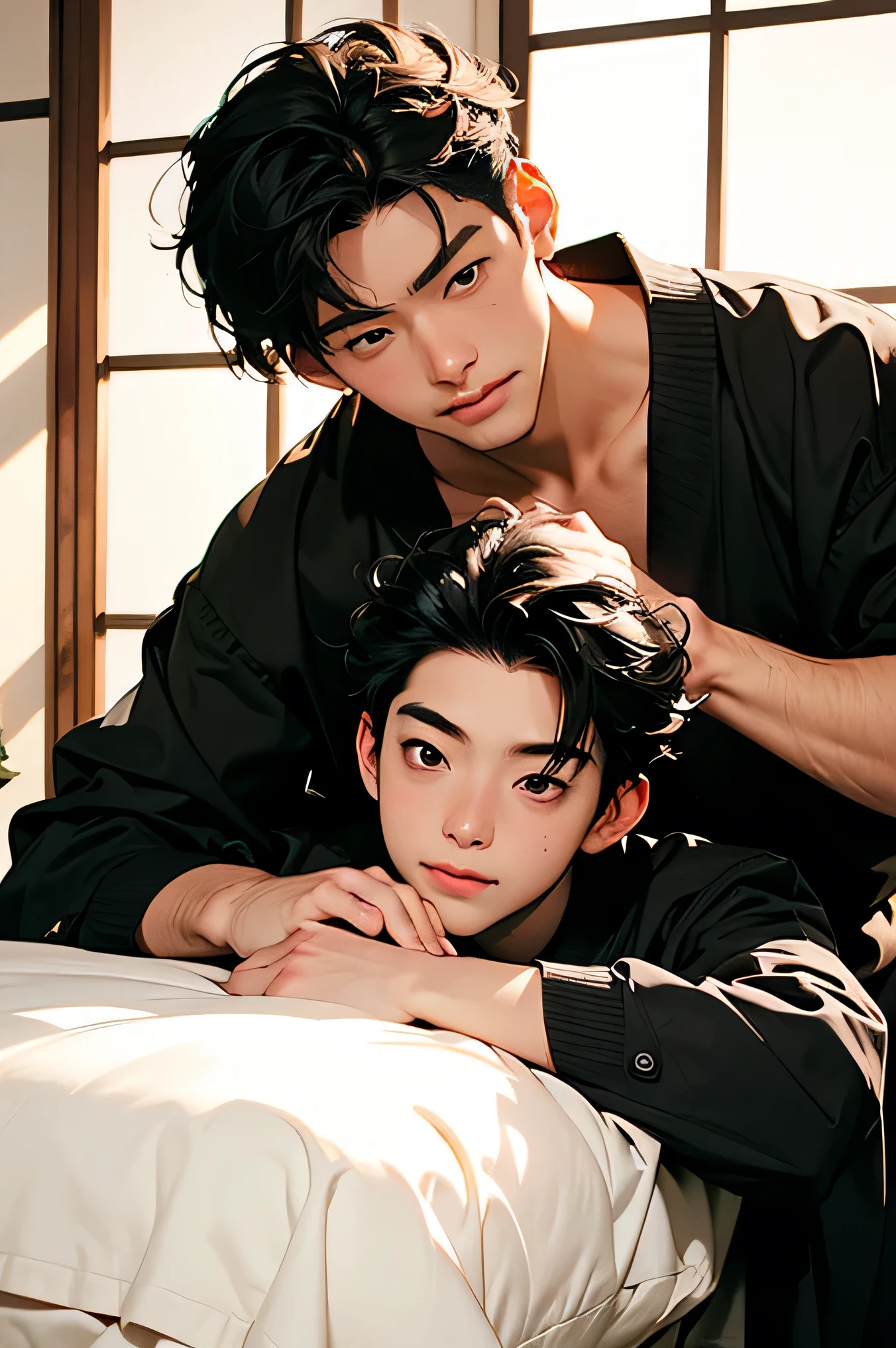 two Japanese men are already getting entangled in the two handsome guys Two people with very short black hair Relax on a white bed and massage no white background other than the white window frame male to male smiling Face Down Two men looking at the camera