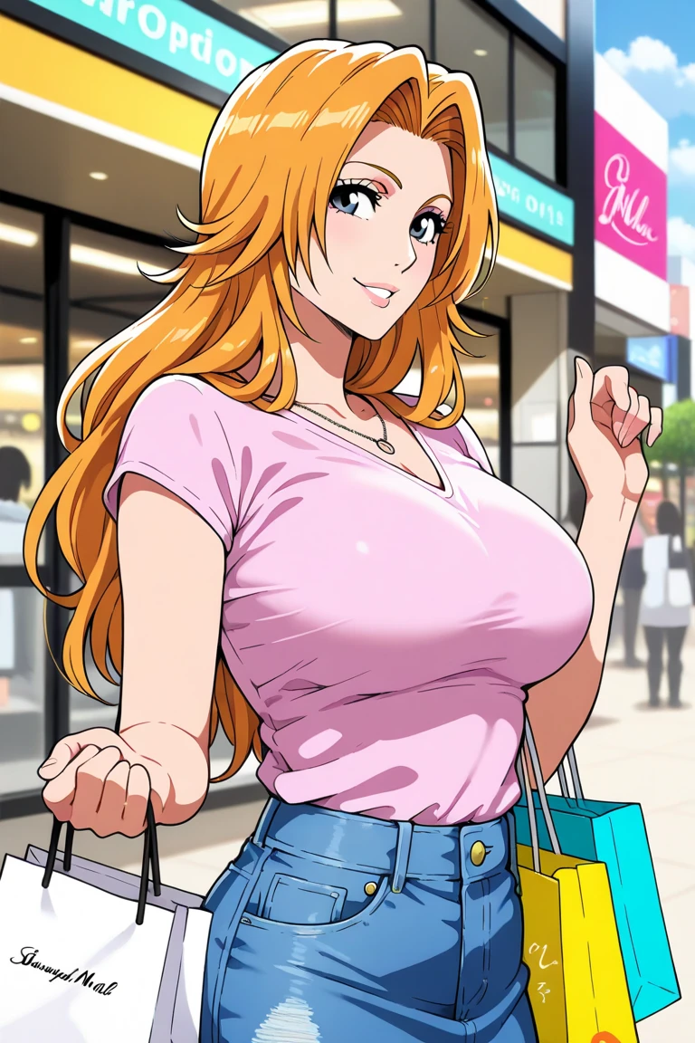 ((orange hair)), green eyes, long half-up hair, bust, ((full lips)), ((masterpiece)), ((detailed)), ((pink camisole)), ((open jean shorts)), ((best quality)), ((outside shopping)), big breasts, ((bright)), (pretty eyes), looking at viewer