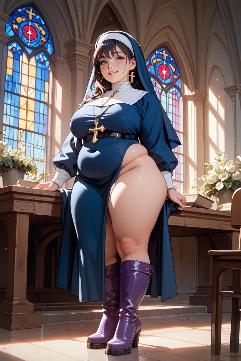 (8K ,Hyper-detailing,Ultra photo realsisim,Best Masterpiece,naturey,Perfect artwork,Perfect female body),Two cute busty girls ,(large tities),Nuns in the church,A woman's hairstyle,Elegant and sexy Miss Nun,Take a selfie with your phone,Wear sexy vacuum nun robes,Built-in thong panties,Large cleavage,,Stretch meat,Raised sexy,The kinky is exposed ,tit,full body shot of