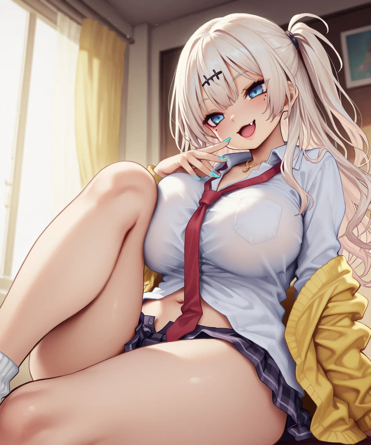 the feet(open legs:1.5)、half undress、open mouth、presenting、bitch、sex、 (red plaid-pattern pleated-skirt:1.3), ((necklace, colorful bracelet, X hair ornament):1.2),
ultra-detailed、(8k, RAW photo, best quality, masterpiece:1.2), (extremely detailed 8k wallpaper),illustration、professional lighting,sharp focus, depth of field、
nsfw、clear eyes、perfect anatomia、girl with、15yo student、Black Gal(dark-skinned:1.2)、full-face blush, embarrassed、Plump thighs、huge tit、(Fully exposed nipples:1.2)、Lift skirt、Blue eyes、a blond、(makeup:1.1)、(Loose socks below the knee:1.2)、Classroom、(white panty:1.5)、、