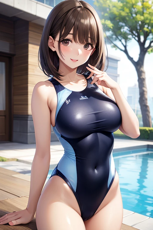 (A high resolution, masterpiece, Best Quality, High resolution:1.8), (Photorealistic:1.5), (40 yo woman:1.8), (Dim light), (Light on the Face:0.5), (Detailed face, detailed hairs, Detailed skin, (shiny eyes:1.5)), (Cowboy Shot:1.8), (gigantic breast), (slender), ((Squint and smile wide:1.3), (Smile:1.6), (Opened mouth:1.3)), (Looking straight:1.5), (standing), (Shiny skin, high gloss skin:1.8), (competition swim suit:1.5), Sweaty skin, (morning:1.5), The road in front of the house,