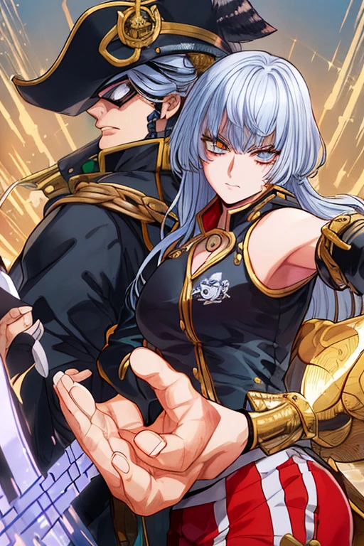 score_9、score_8_up、score_7_up、score_6_up、score_5_up、score_4_up、Tall and muscular、Woman with pasty skin、Light blue eyes、Narrow lips、Narrow nose、Cleft chin and thin eyebrows、Wearing traditional leather gloves、Pierced eyebrow on the right 