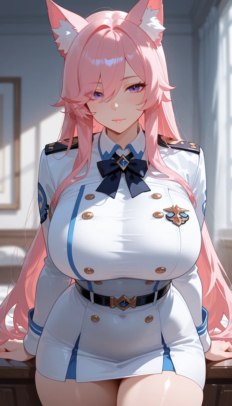 High detailed, masterpiece, High detailed, 1 girl, solo, pink hair,, Blue eyes, big busty, firm chunky body , BLUE jacket, white shirt, , deep cleavage, Juliet sleeves, pencil skirt, black thighhighs, white gloves, tall, Very prideful expression 