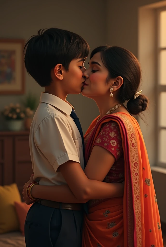 Photo of Indian Mature Aunty with dusky skin, Wearing Tight yellow Kurti and White stole tied around her neck, Showing large Cleavage with nipples, Sitting on Bed and Kissing a Boy, Hair tied behind, Dim light in the room.