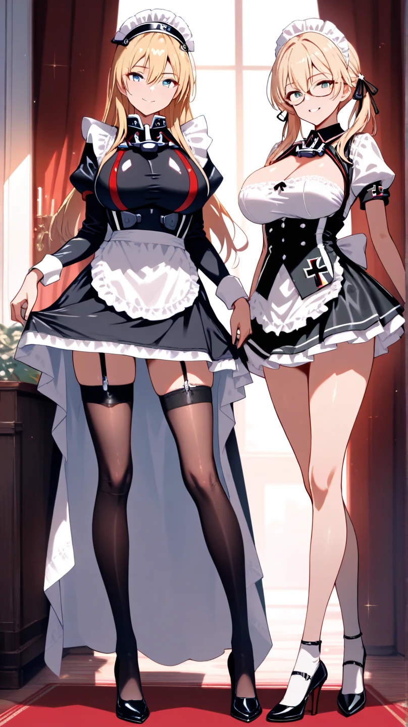 highest quality、masterpiece、((2 girls))、((smile:1.3))、(blush:1.3)、Black Shirt、blouse、((fun!!))、(Small breasts)、(One-strand braid)、(Blonde)、()、((White apron:1.5))、((Maid))、((hair ornaments)),、Kamimei、look at me、 ((in house:1.5))、 Taking a break from watching the audience、Cowboy Shot、(Skirt lift:1.3),(Highly detailed white panties:1.3)、(Highly detailed panties:1.3)、、(スカート that rolls up:1.3)、(Panties fully exposed:1.5)、Light blue eyes、long hair、((spoken heart:1.5))