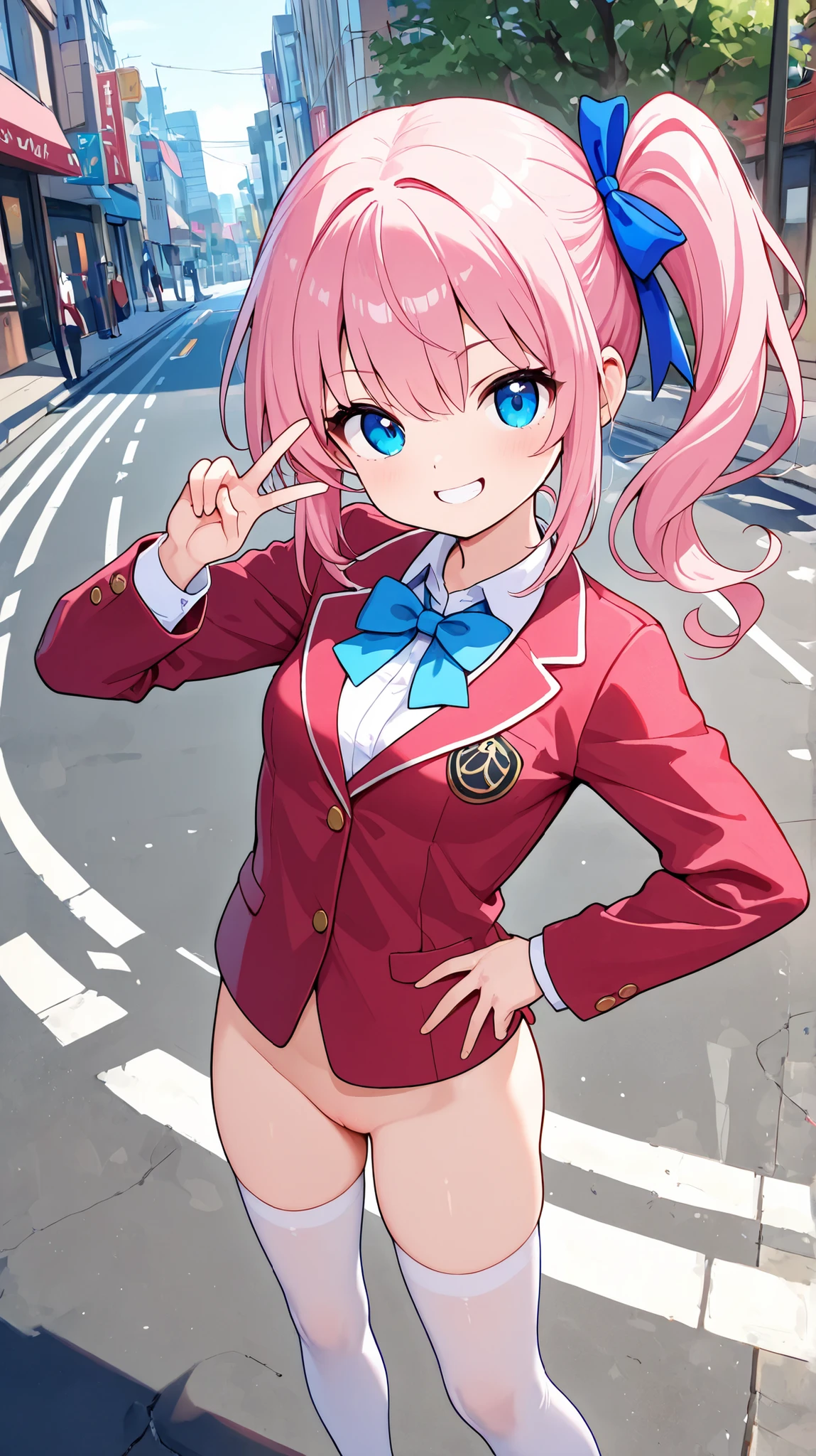 One girl, vivid pink hair, blue eyes、street, smiling, small breasts、Looking at viewer, (grumpy look:0.4), Daytime view, standing, blue bow on their neck, red blazer, bottomless, white stocking, side ponytail, peace sign