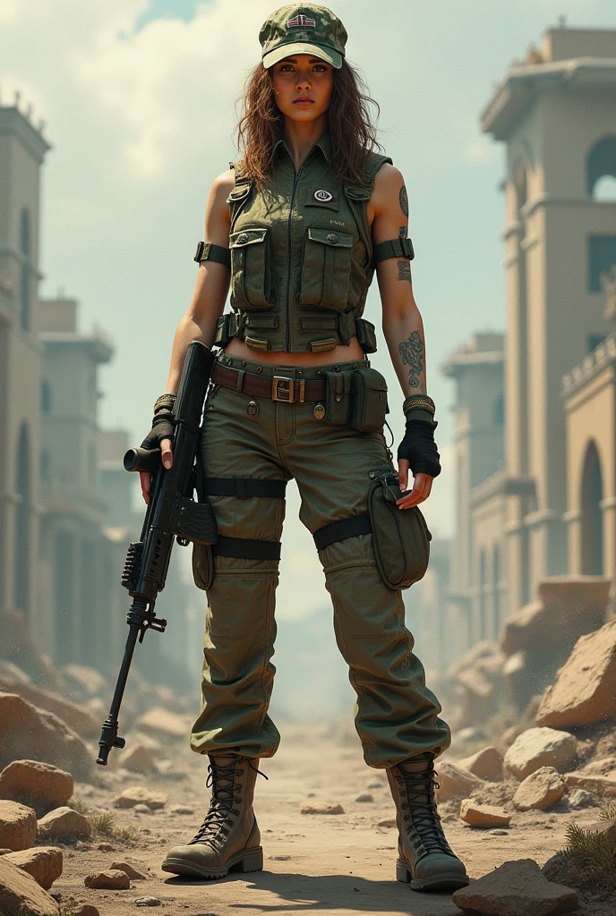 photorealistic, ultra realistic,3D, artstation, cgsociety, 8 k, award winning photography of a beautiful woman walking battle front, (fashion military warrior), (hijab), cheekbones, detailed face, Bejeweled, a nice long leather jacket, straps, torn camo pants, torn clothes, (exquisitely detailed skin, perfect anatomy, wide hips, smooth midriff, thigh gap), military tactical glasses colorful, vibrant