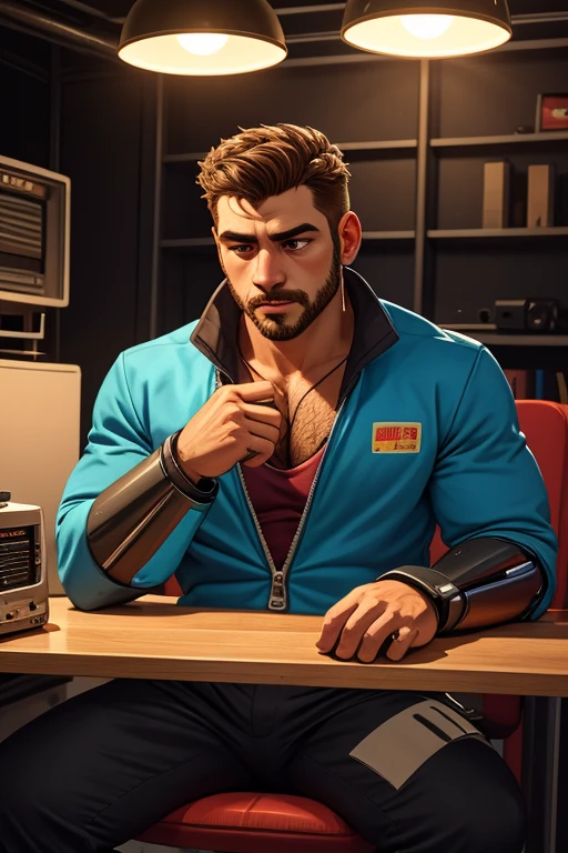 A bald guy with a brown beard, athletic body, wearing yellow jacket with blue neon, oculos de sol, robotic arm implants, connected limbs, in his bedroom, using a computer to hack, sci-fi ambiance, night time, cyberpunk style, Point of view view