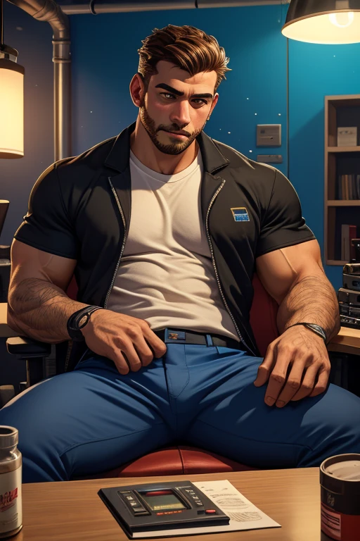 Handsome male, brown dark skin, blue eyes, long blue hair, sitting by desk in office chair, beard, smiling, detailed body, grey pants, black shirt, big bulge in pants, nightfall, glasses, long hair tied up