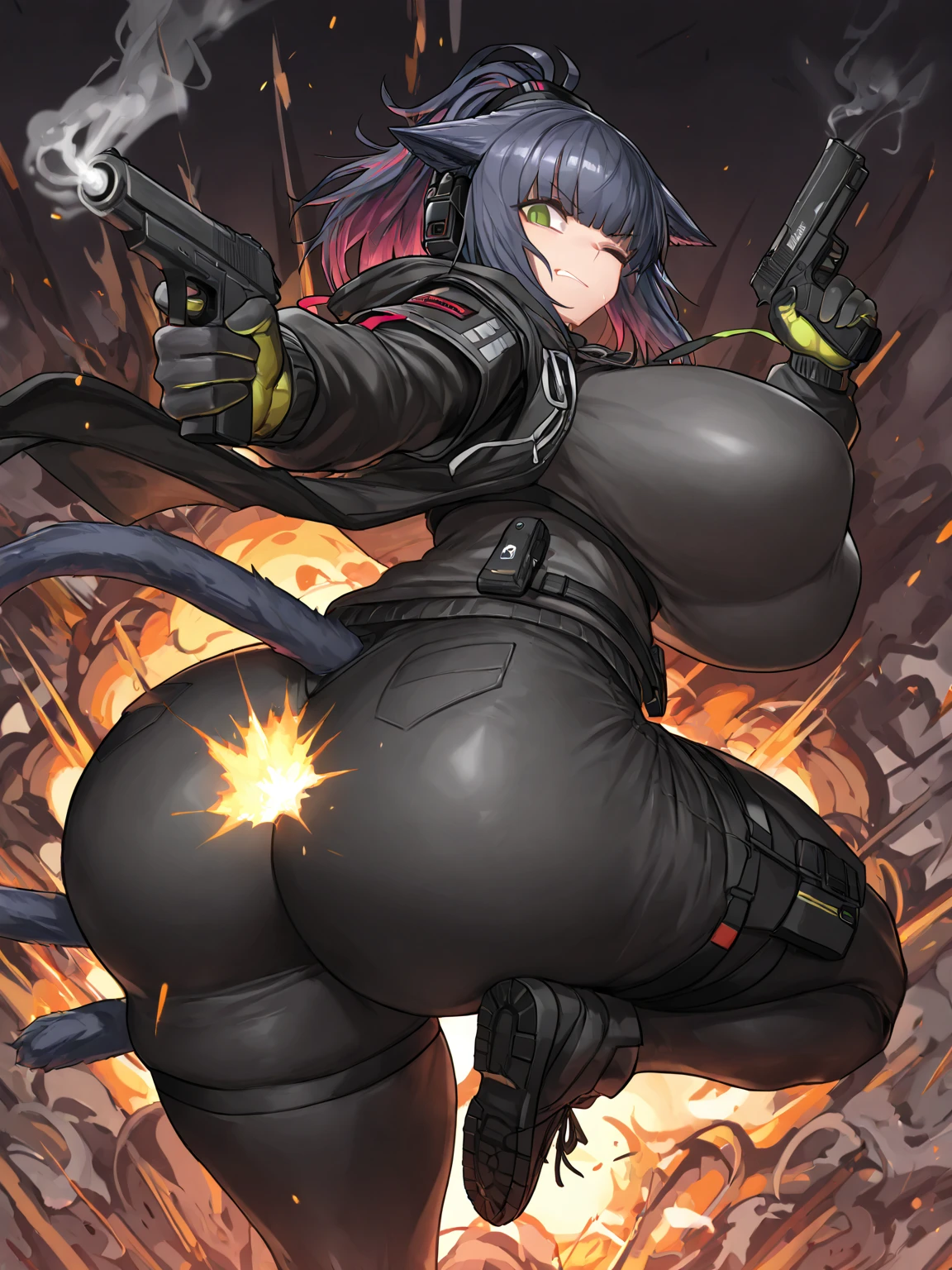 exited, smile, scream, Open mouth, young girl, Pullover, whole body to see, curly short hair, (( very wide hips)), (((colossal Thighs, gigantic thighs, very huge thighs, very big thighs))), fullbody, platform heels, black skin, very Big breast, gun, soldier girl , full body, military , white high cut leotard, cyberpunk, battle, tight stockings,

