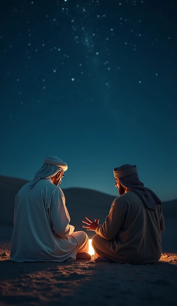 Two muslim man, in night, seat in cave