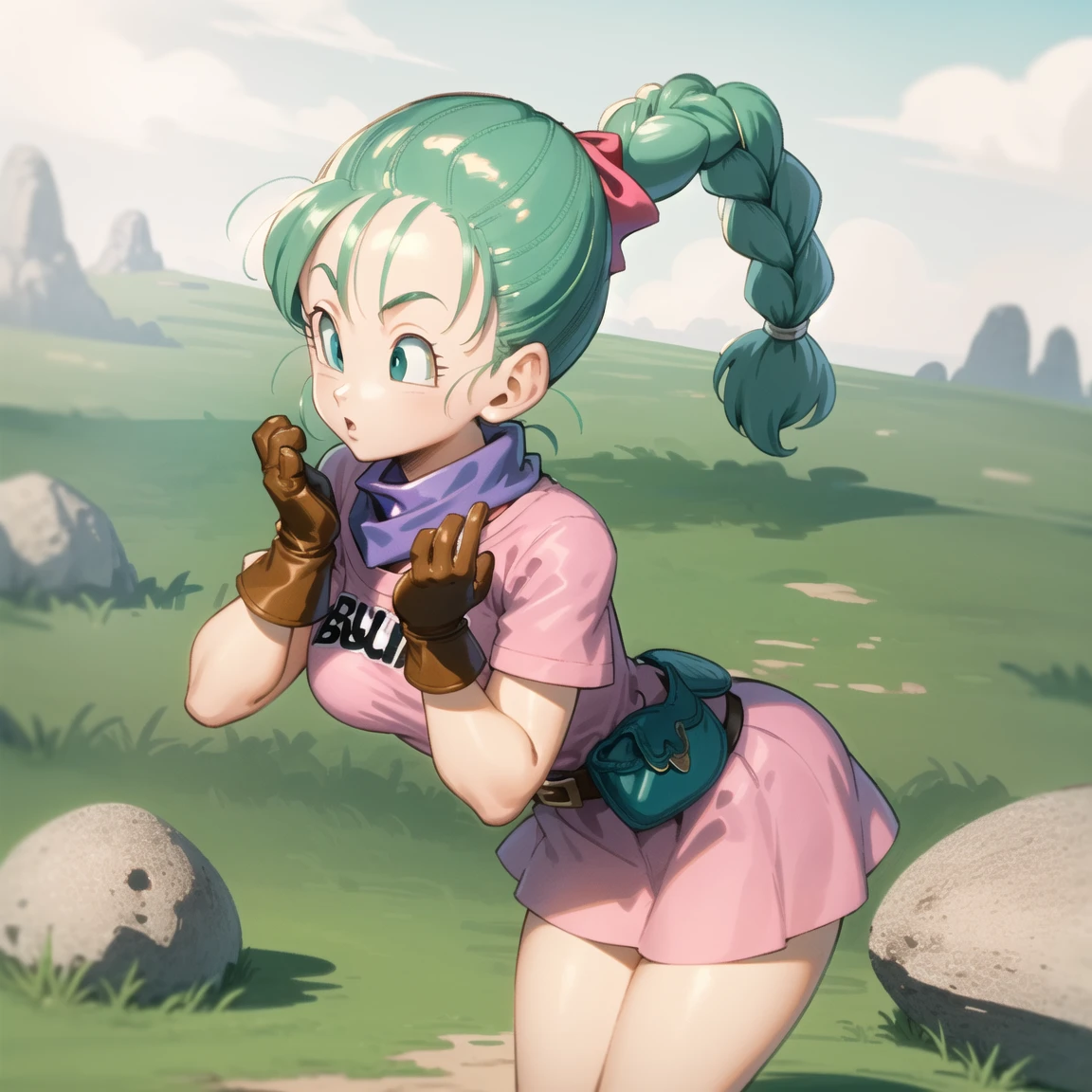 masterpiece, best quality, high resolution, dragon ball, blmpony, aqua hair, hair ribbon, braided ponytail, pink shirt, belt, scarf, pink skirt, clothes writing, brown gloves, ultra mini pink dress, showing ass ((half naked))) smiling, forest background.