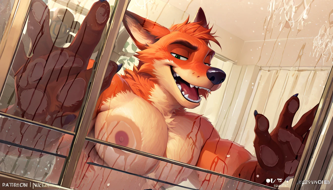 nick wilde, fox, male, penis, huge penis, huge testicles, posted on e621, looking at viewer, legs spread, dominant male, veiny penis, full body, feet, knot on penis, red penis, nipples, collar, twink, tall, cum, cumming, big cumshot, cum everywhere, cum on face, cum on body, cum on tail, standing, angry, abs, green eyes, long tail, veiny penis, tall, hands tied to rope, hands up, muscular, armpit tuft, armpit hair, white armpit hair