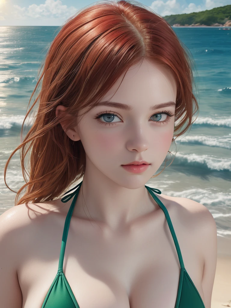 (best quality, masterpiece) ginger hair, 18 years old pale ginger girl, big bust, sundress, simple background
