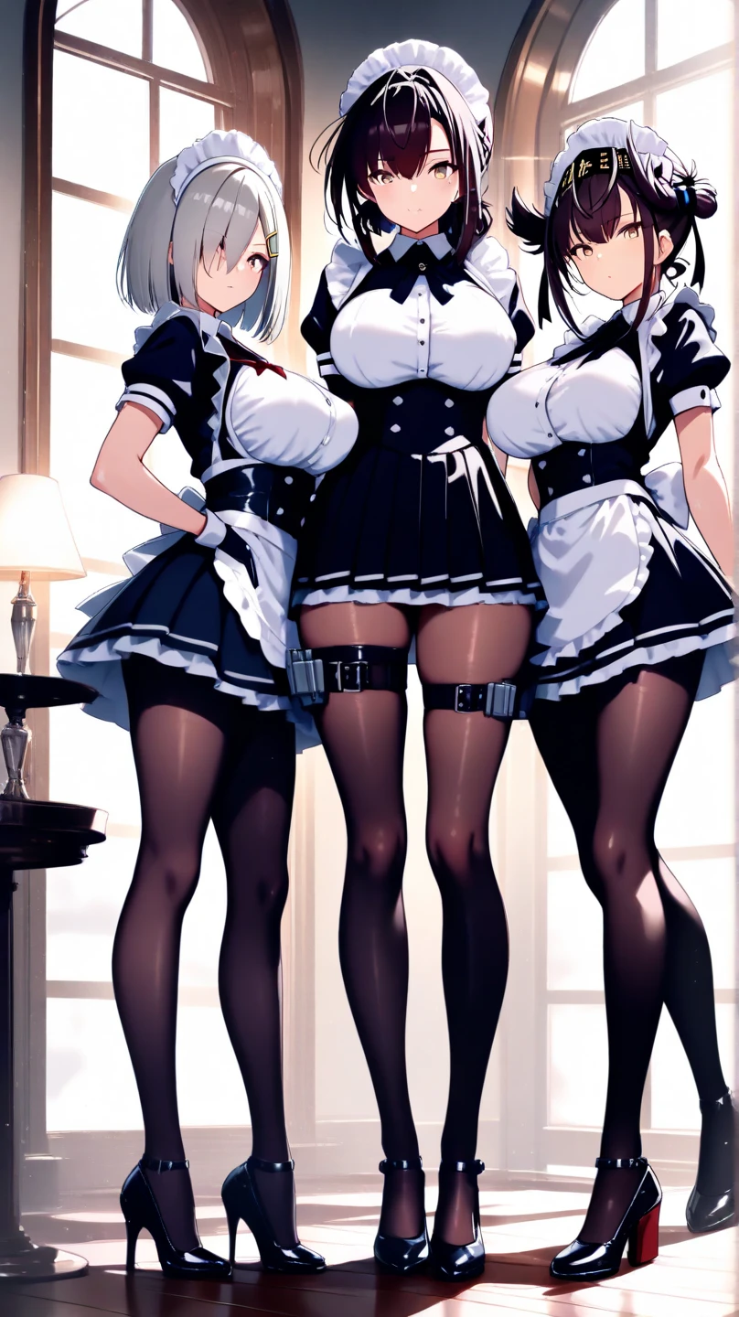 (((masterpiece, highest quality, High resolution, 超High resolution, Perfect Pixel, Depth of written boundary, 4K, RTTX 10.0, High resolution))), (Four adult women:1.3), Beautiful Anime Woman, Beautiful art style, Anime characters, ((Long Hair, bangs, Dark brown hair, Various hairstyles, ponytail, Twin tails)), ((Beautiful eyelashes)), ((Detailed face, blushする:1.2)), All four have different faces, ((Smooth texture, Realistic texture, Anime CG Style)), Perfect body, (Slender body:1.2), Beautiful and big breasts, Exact finger count、Exact number of legs、Exact number of arms, (blush:1), (Four women are walking down the stairs side by side, lifting their skirts:1.4), (Maid Headband, (Matching white and black frilly maid outfits:1.2), Ribbon at collar, (garter belt, Black knee socks:1.4), High heels, mini skirt:1.4), Realistic, highest quality, High resolution, 非常にDetailed face, Perfect lighting, Extremely detailed CG, (Perfect hands, Perfect Anatomy), Embarrassed expression, (Staircase in a luxurious mansion:1.5), Morning sun-like lighting, whole body, ((Stylish and sexy shiny satin panties, Stylish lace side-tie panties, A pair of white panties with a simple plain white center and black lace on the sides, White panties with different designs for each person:1.2)), Angle from the front、(Beautiful and thin thighs:1.2), All about the same height, Feeling embarrassed