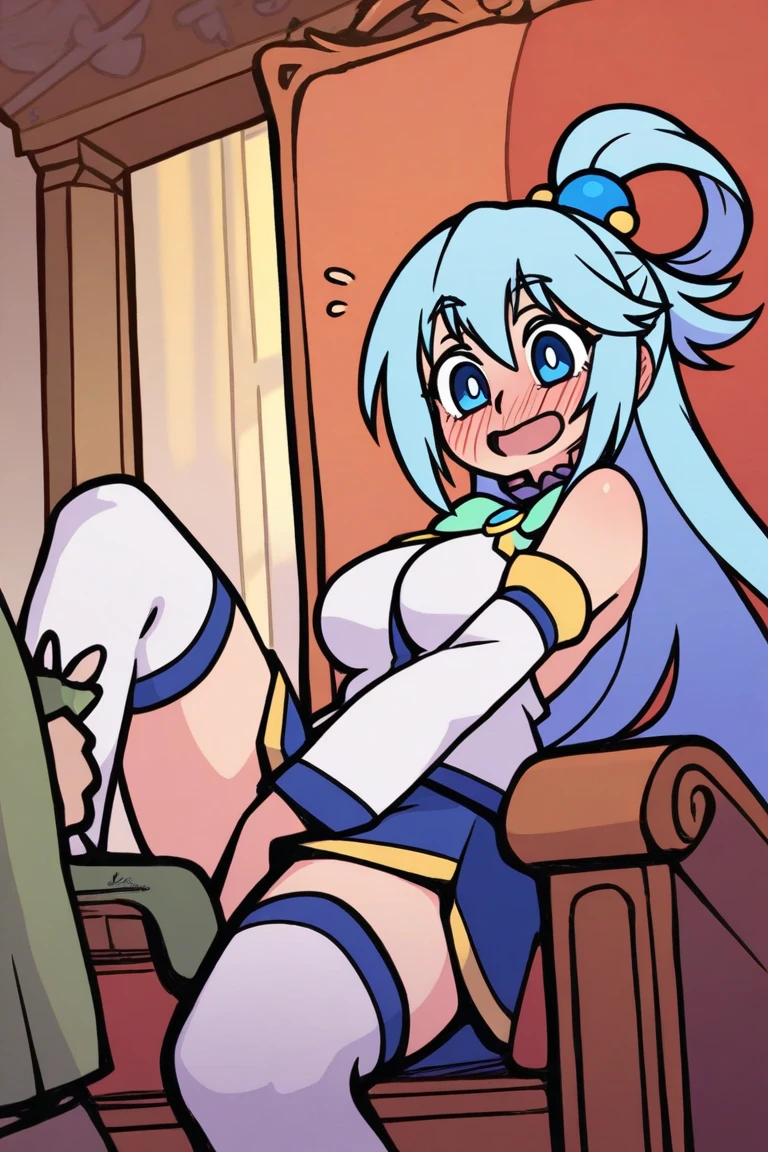 Best quality, masterpiece, ((bunny suit, bunny ears, white swimsuit, elbow gloves, White gloves, white microskirt, white tights)), 1 girl, thin lips, Aqua Konosuba, blue hair, Beautiful face, lush, oily leather, wide hips, small waist, cute, Sitting, on the bed, Cute, A slight smile, Bedroom, soft lighting, detailed eyes, Detailed hands
