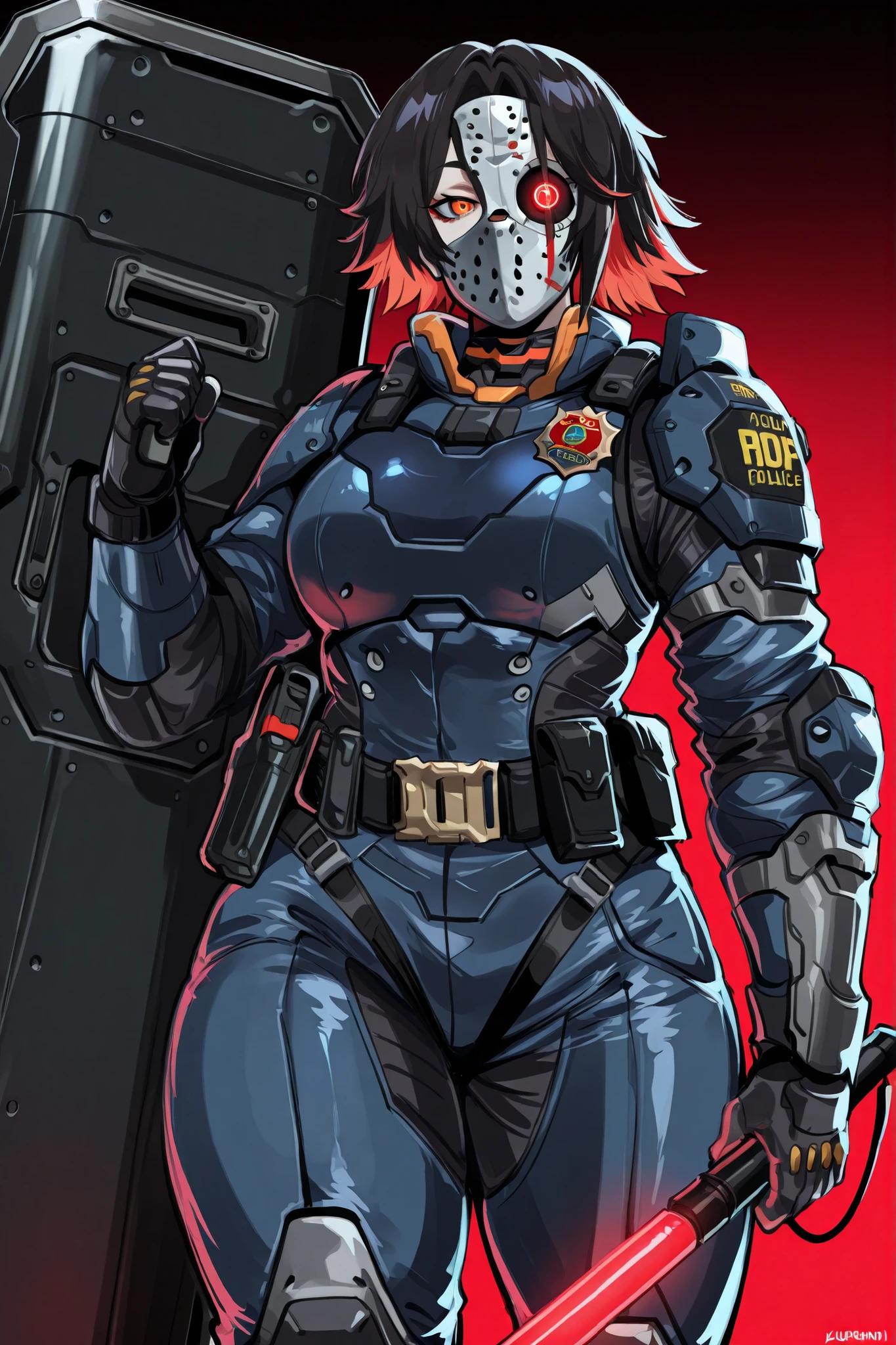 kurenaiz, masterpiece, ultra highres, best quality, cyberpunk 2077, Adeptus Arbites, 1girl, black hair, red bangs, hockey mask with asymmetric eyes, one glowing red eye, one dark empty eyehole, advanced combat armor, Arbiter-style ornate plating, electric metal big police baton, electrical effects, armored pauldrons, technical suit details, tactical ballistic shield, large rectangular riot shield, modern combat shield, shield in hand, police badge on belt,