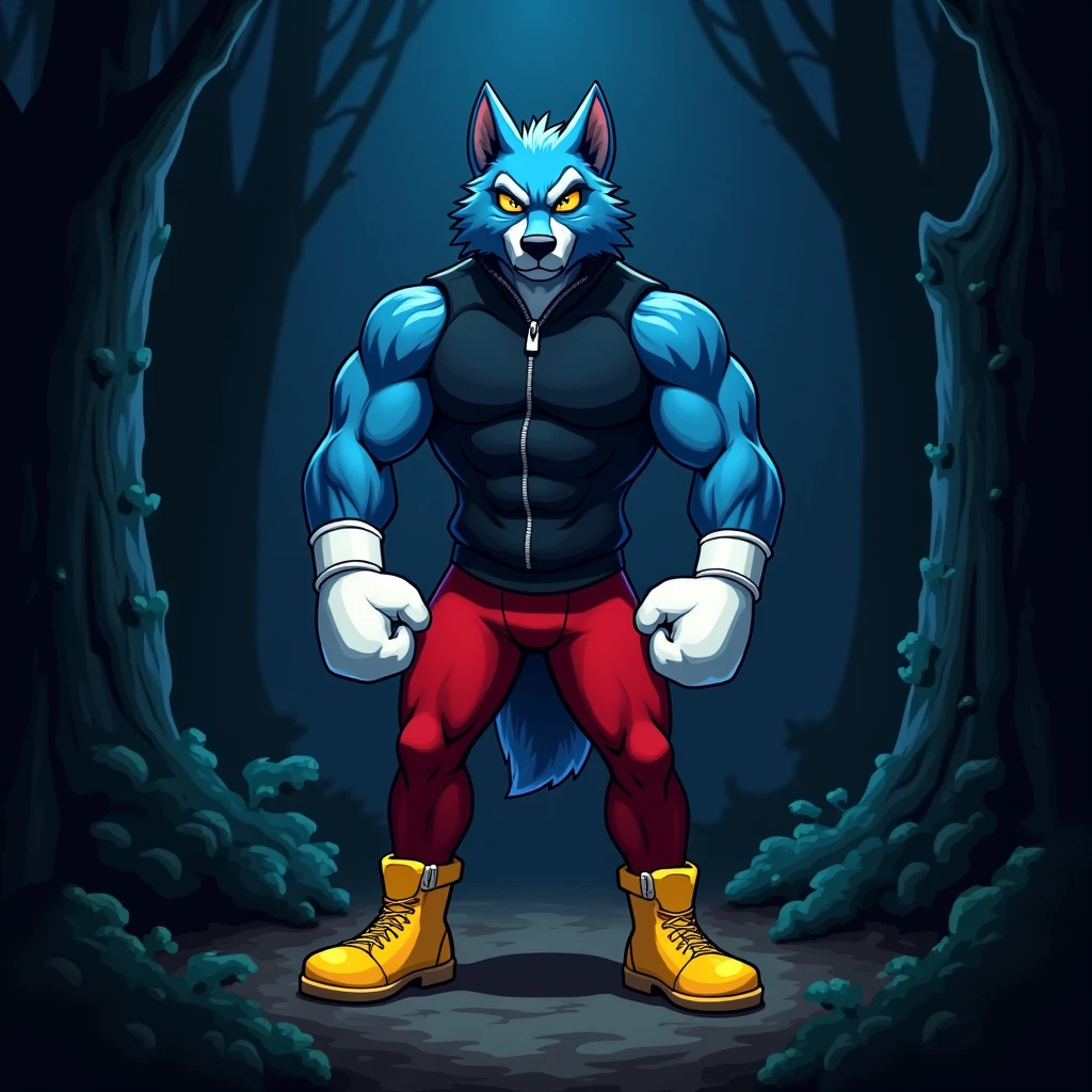 A muscular Minecraft wolf with a red pet collar with a gold plate and a wolf paw symbol, wearing black boxer shorts, holding a diamond pickaxe, sweating, cartoon, Steven St, fighting