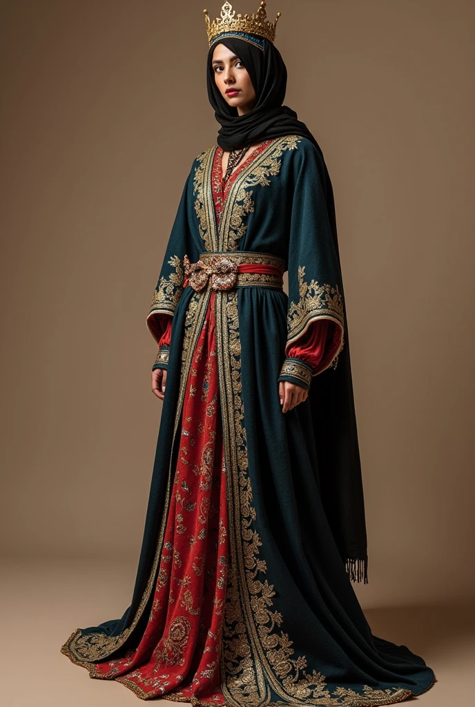 (aperture 1.8),(35mm lens),(red cinema 6k komodo camera) 25 year muslim woman wearing hijab speaking to the camera, brown charming eye, full body image,(islamic dress),(black dress),(not revealing cloth),(aesthetic background),full body image