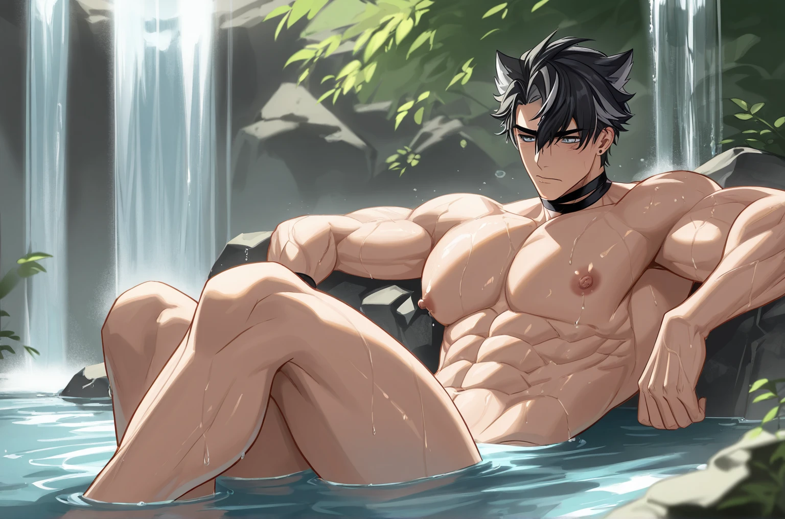 (best quality,4k,8k,highres,masterpiece:1.2),ultra-detailed,(realistic,photorealistic,photo-realistic:1.37),1boy muscular naked, Gray Fullbuster sitting on a bed looking at the viewer holding a teddy bear, muscular body and bedroom scene, colourful toys scattered around, satisfied expression,soft, romantic lighting, oil painting, detailed muscular arms and chest, shiny silky hair, beautiful face, sweat droplets on body, calm and confident demeanor, cozy and warm atmosphere, decorative pillows on the bed, soft and fluffy fur of the teddy bear, playful and vibrant colors of the toys, wooden floor with a glossy finish, curtains gently swaying in the breeze, natural sunlight streaming through the window, inviting and comfortable ambiance