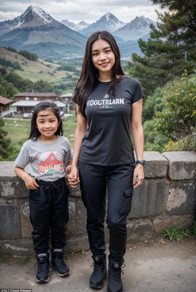 Real pinay mother with daughter 7 yearsold together wearing blue jacket standing with background garden