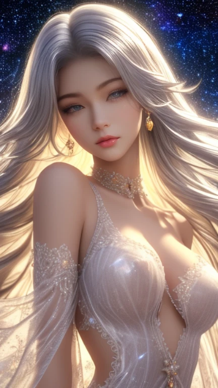 (masterpiece,Highest quality,High resolution,Super detailed,8K),woman,alone,,Official artwork,Greek Goddess,,whole body,Facing forward,Ample breasts,Beautiful valley,Silver blonde hair,,Medium Long、Hair is bunched back,(Beautiful Face,Beautiful Eyes,Blue Eyes,Beautiful nose,Beautiful lips),A look of kindness and compassion,Slender beauty,Looking at this,flower,bird,moon,jewelry,necklace,,White Dress,Sleeveless,Holding,Ancient images,Detailed configuration,background,,(Fractal Art:1.2),Detailed CG,