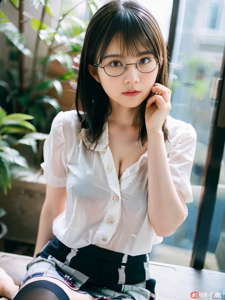 ulzang-6500-v1.1,(RAW photo:1.2), (Photorealistic:1.4), Beautiful Meticulous Girl, very detailed eyes and faces, Beautiful detailed eyes, absurderes, unbelievable Ridiculous, hugefilesize, ultra - detailed, A high resolution, The is very detailed,best qualtiy,tmasterpiece,kemomimi,((Japanes girl' high school uniform)),illustratio,The is very detailed,CG,unified,8k 壁纸,Amazing Cleavage,finely detailled,tmasterpiece,best qualtiy,The is very detailed的 CG unified 8k 壁纸,light in face,cinmatic lighting, 1girll, 16 years old,(wears glasses),(((dynamicposes))),(Camel toes),(A half body),((Pantyhose)),((Sit with your knees folded))