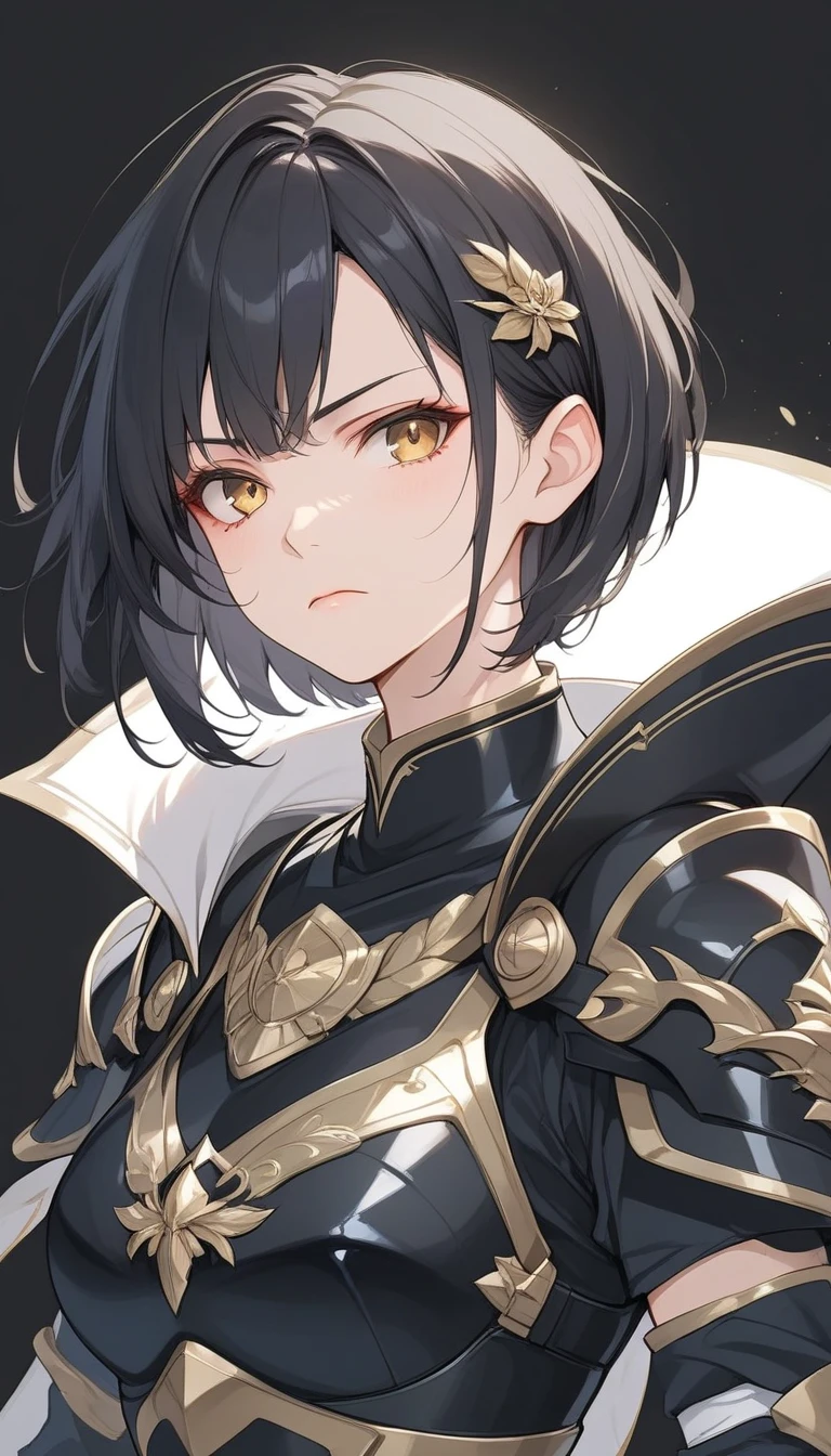 Adult woman, dark purple hair, low ponytail, golden eyes, cat ears, Tight-fitting leather armor, anger, Masterpiece, hiquality