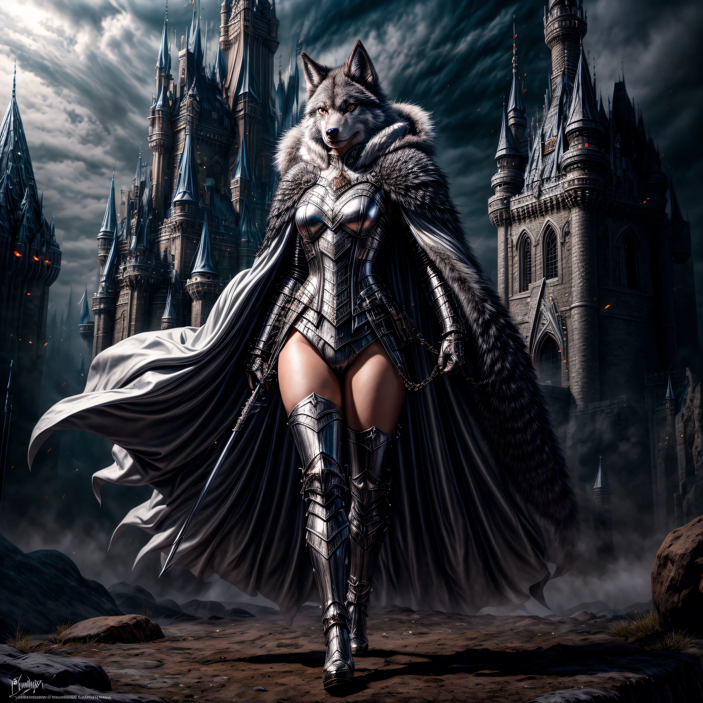 an anthro furry female wolf as a knigh dynamic fur color, lupine grey eyes, wearing white armor, wearing black cloak, wearing high heels boots, fantasy castle in the background , high fantasy atmosphere, divine light, back light, dynamic angle, Masterpiece , best quality , absurd res, depth of field, 2.5 rendering, Cinematic Shot, commix style, fantasy art, D&D Character