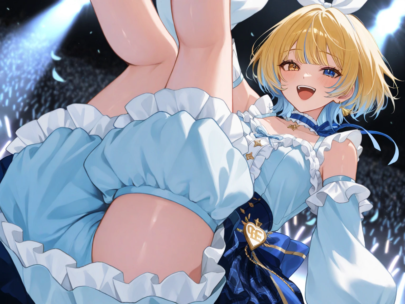 beautiful woman，smile，(short light blonde hair)，nobility，(princess)，blue student，Tall figure，((Strapless dress))，low skirt，(Star evening dress)，lolita skirt，Show your legs，Crystal heels，red carpet，prom website，(nobility)，(big tits)，((fluffy fur))，(pubic bone)，raped by a woman, Spread your legs,(Perfect:1.4),Pussy really spreads,Spread,Pussy,โชว์Pussy,(juice:1.2),(Cum in pussy:1.2),(pubic hair:1.4),sweat,(open pussy:1.4),cervix:1.2,