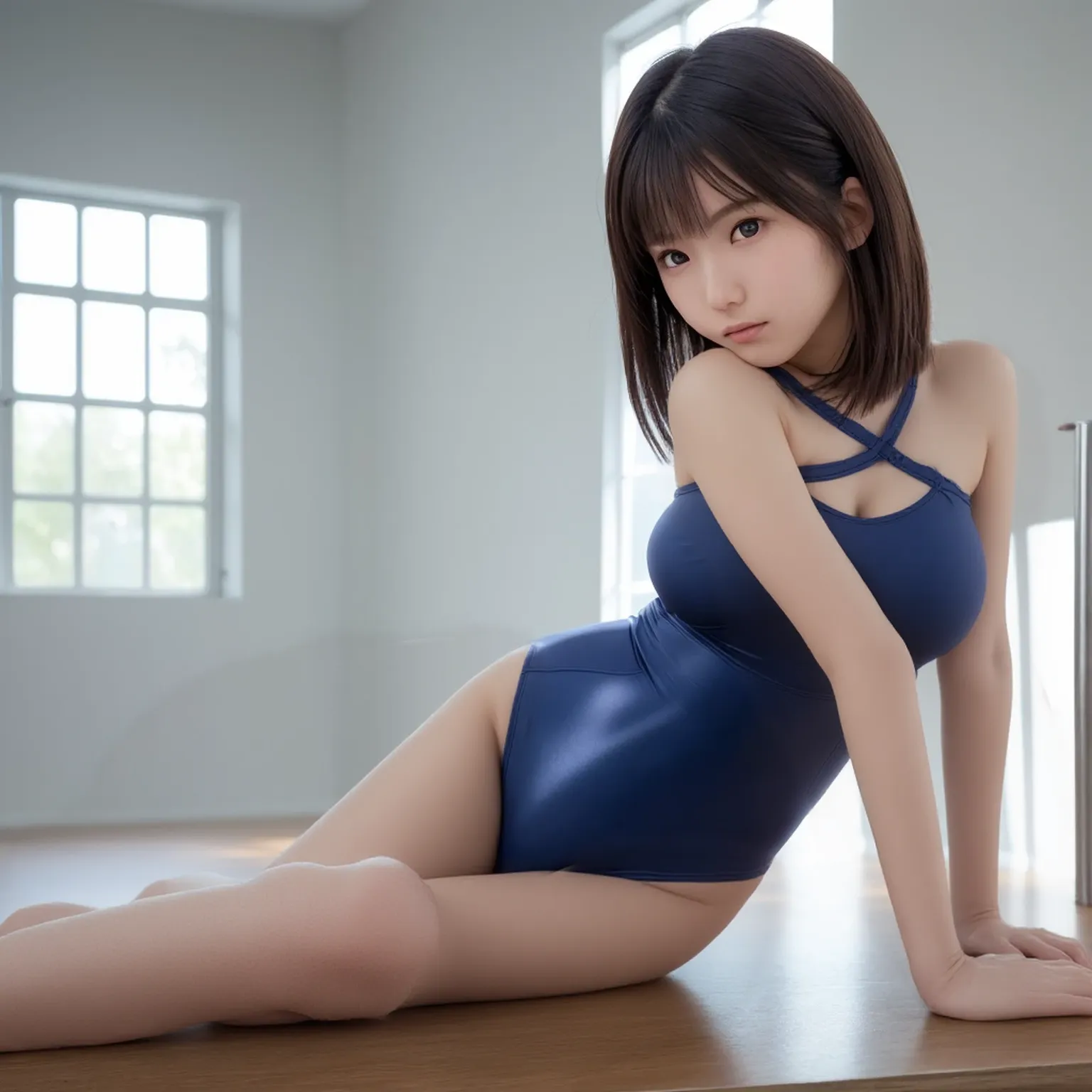 (masterpiece:1.2), Very detailed, Ultra-high resolution, (Realistic, photo Realistic:1.6), High-resolution RAW color photos, Professional photos, Dramatic lighting, 映画のFunctionalなシーン、Sharp focus:1.2, (Very detailed顔と肌の質感, Very beautiful eyes, Glossのある肌, Glowing Skin, Glowing Skin, Shining Face, Gloss, Oily skin, greasy face, Oily skin, greasy face, 強いGloss), Perfect Anatomy, Very detailed背景, 1 female, 25-year-old woman, Japanese women,Height: 168cm, (Short Bob Hair, Straight hair, bangs:1.3, Brown Hair), (Lean), (Flat Chest:1.5),(Small Ass:1.5),(Thighs),((Slender legs)),(On the bed),((Functional,Erotic)),Glowing Skin, (((Dark navy strapless one-piece swimsuit、Japanese School Swimsuit))),((((Undressing、naked:1.5)))),Wet swimsuit,(real Glossのある肌 texture), White skin,(((Browsing Caution))),Earrings,(((Spread your legs:1.4)))、(((Invite to sex,Seeking sexual activity)))