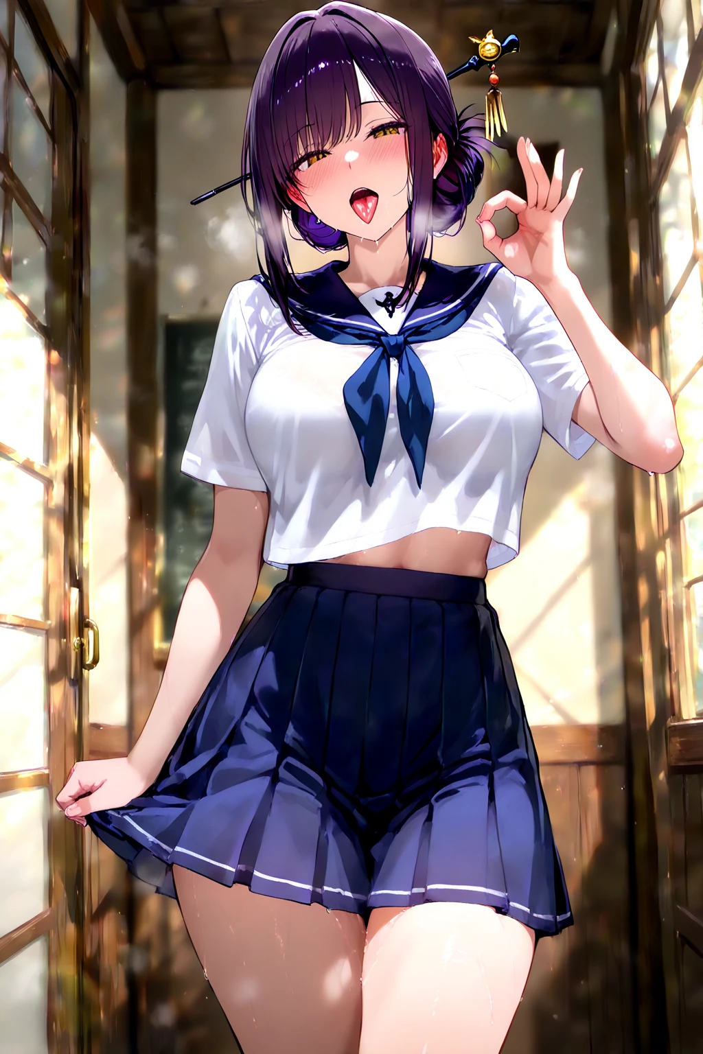 ((top-quality、8K、masterpiece:1.3))、女の子1人、In a town where many people walk、Slender Abs、sofas、hyperdetailed face、A detailed eye、二重まぶた、非常にlarge full breasts、large full breasts、Colossal tits、Neat and clean schoolgirl、black hair shorthair、Straight bob hair、Shorthair with bangs、A smile、Schoolgirl Uniform、Low male genitals visible through the skirt、An 18-year-old woman、Sheer white shirt、Unbutton and unfold the shirt、Exposing breasts、Navy blue ribbon at the collar、Dark blue pleated micro mini、Sexy、Peek at the viewer、Beautiful graphics、Bright and sunny main street、There are a lot of people、Show me your whole body、beautiful legal body photos、is standing、No bra、teats see through、The shape of your nipples is noticeable even under your shirt.、No panties、No panties、Detailed female genital shape pantyhose missing、(Facing the front)(((Blushing cheeks、embarassed expression)),(((The skirt is rolled up by the wind)))、Showing female genitalia、、Background depth of field、Please choose one'skirt in the crowd、Men behind、Grabbed by a man、Chest grabbing
