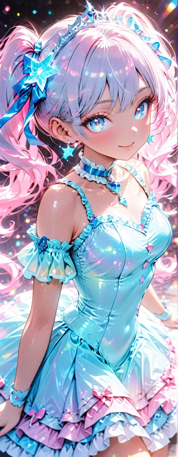 1 female Pink hair ponytail Pink eyebrows Dull light blue eyes dress Dance Moon hair accessory and earrings