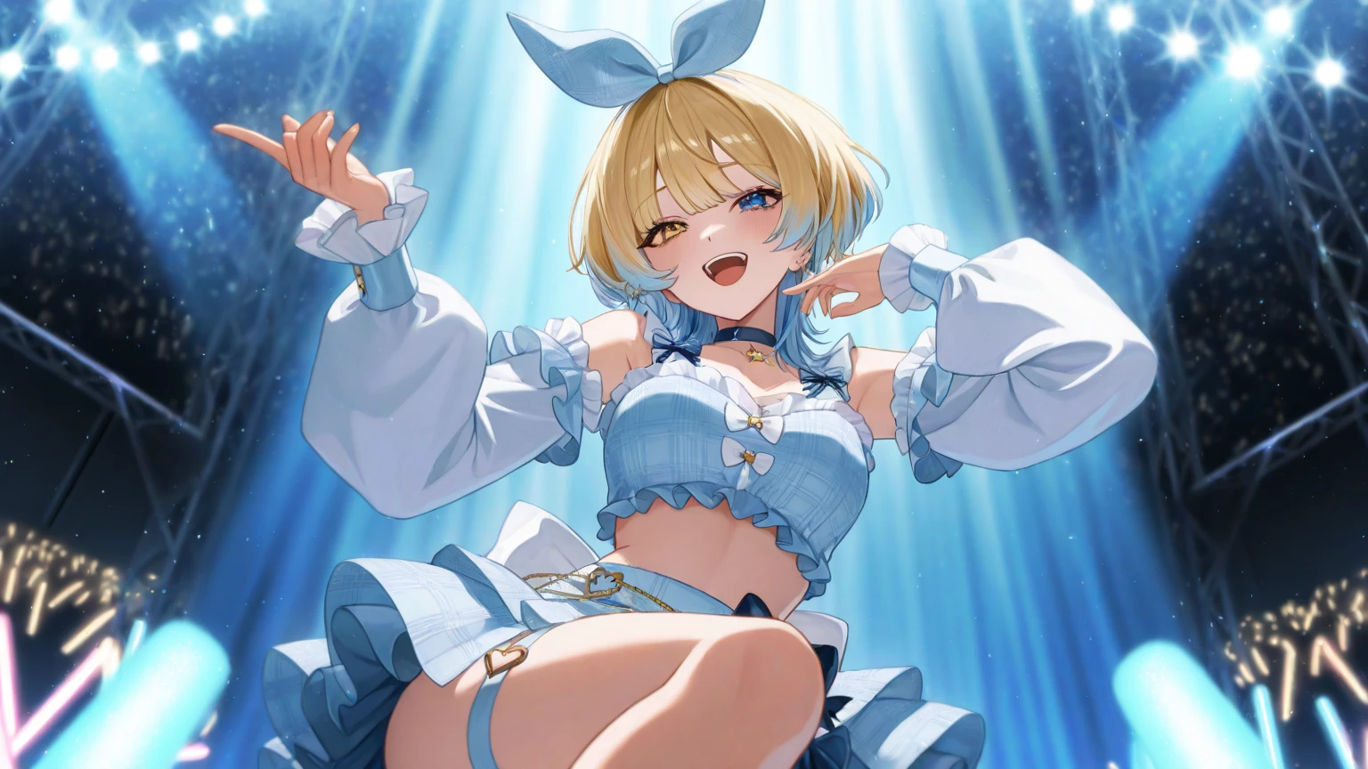 (((masterpiece))), ((highest quality)), ((Very detailed)), ((High resolution)), ((8k)), ((Anatomically correct)), The correct number of fingers, One Woman, Kagamine Rin, Vocaloid, Blonde Hair, short hair, Short, Very cute woman, delicate, Charming smile, Blue eyes, Bright Eyes, Best moment, Vivid eyes, Beautiful Skin, Cute face, delicateな腕, Detailed skin texture, Intricate details, Very detailedな顔, Beautiful Eyes, Beautiful curves, View your viewers, Cheerful expression, Music Stage, barefoot, Stage Costumes,