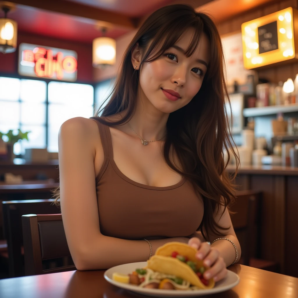 Generate an image of a girl at a restaurant with a lot of food on the table.
