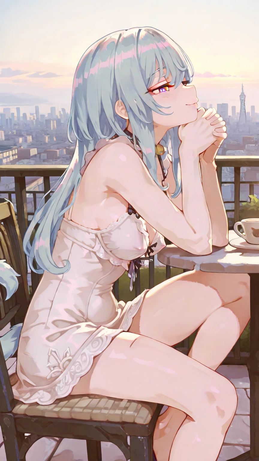 (masterpiece, best quality), best resolution, (2heads:1.5), 1girl, kokomi character, bored, long white hair, one head blue hair, other head purple hair, purple eyes, eyes halfway closed, black tank top, white polka dot long pants, sitting beside a bedroom window, raining outside, rainy day, dark clouds