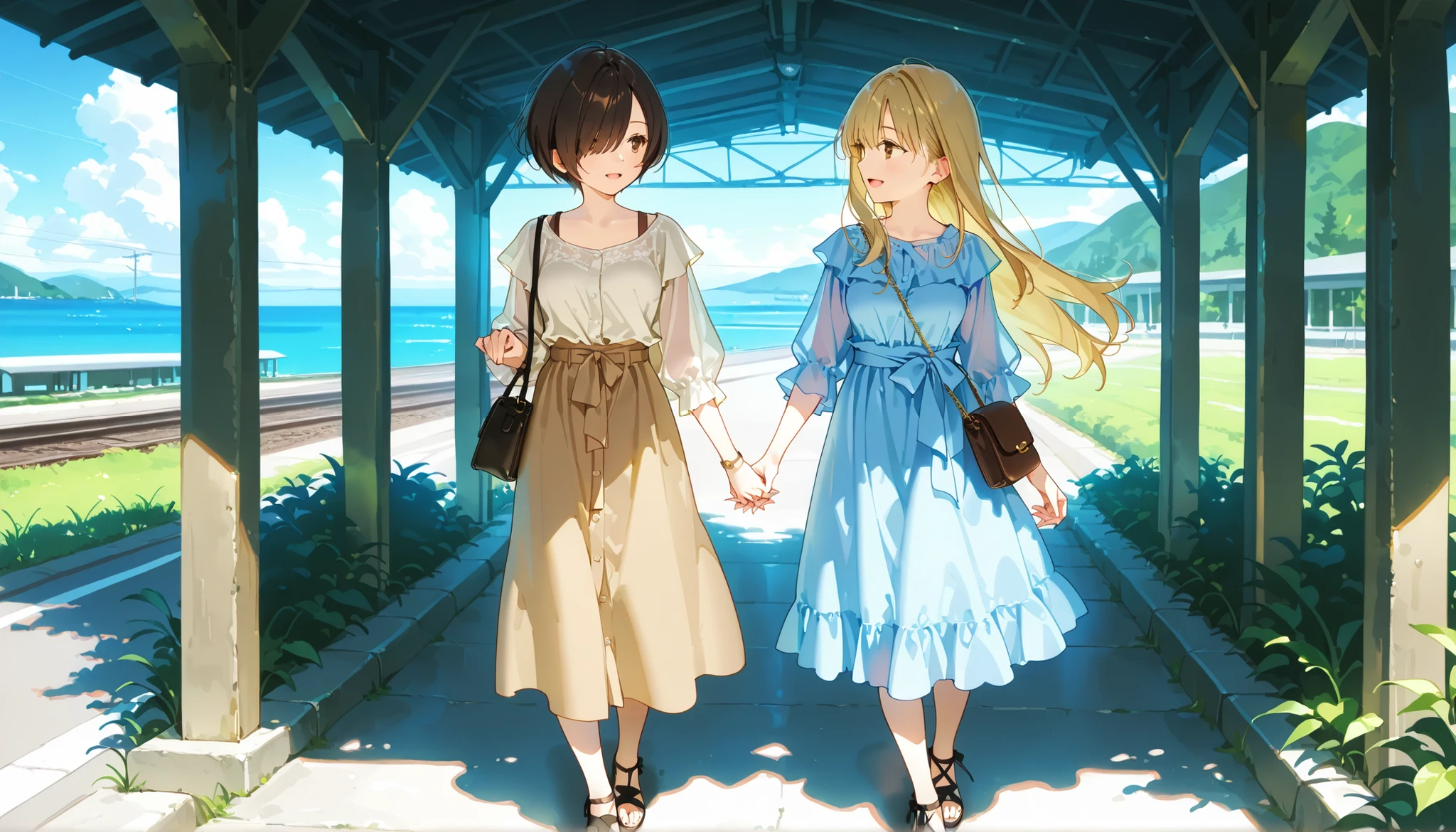Pale blue summer outfit, brown summer outfit, 2girls, blonde longhair, black short hair, hair over one eye, side parted, hand in hand, tsurime, tareme, (brown eyes), station, interlocked fingers, shoulders bag, happy, Looking away, 20 years old, mesium breasts, denim , tulle skirt, silk gather skirt, linen shirts, sheer shirt, see horizon, blouse, frilled satin evening bag, frilled satin evening bag, slouchy hobo shoulder bag, casual, streetwear, beautiful structure and nature background, full body shot, side view